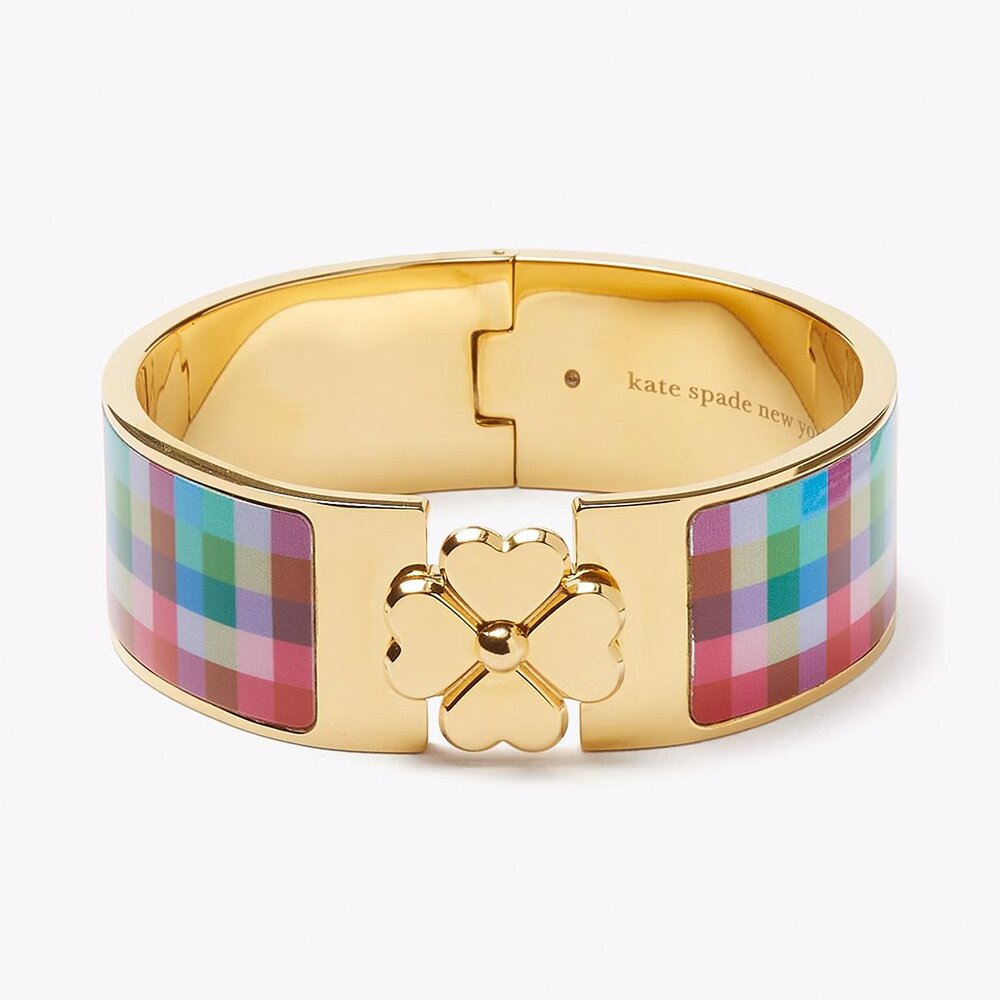 NWT  Heritage Spade Flower Wide Hinged Bangle Plaid Madras Pattern